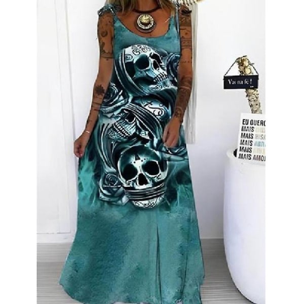 Kvinnors Casual ärmlös Maxiklänning Skull Printed Lös Klänning Halloween Party Sling Long Dress style 8 4XL