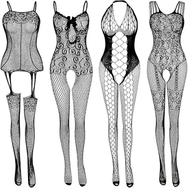 Fisknätsunderkläder för Kvinnor Fisknätsbody Spetsbodys Sexiga Babydoll Nattkläder (4-pack)