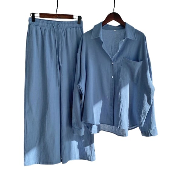 Kvinnor långärmad skjorta kostym Casual blus + elastisk midja Byxor med vida ben Byxor Outfit Set Blue XL