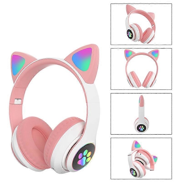 Kawaii Blinkande Lampa Katöron Trådlösa Hörlurar Bluetooth 5.0 Stereo Med Mikrofon Stöd TF-kort För Pojkar Flickor Födelsedagspresent