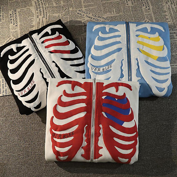 Kvinder Mode Skeleton Hætte lynlås Sweatshirt Jakke Frakke Toppe White M