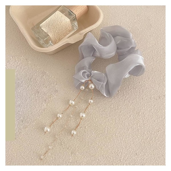 Lxrzls Elegante dame perler rhinestone kvast chiffon stor tarm elastiske hårbånd sød hårelastik scrunchie hårtilbehør (farve: grå)