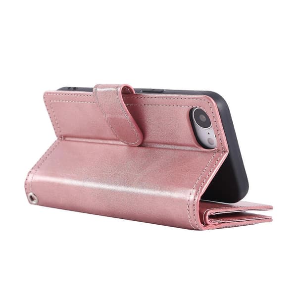 Til iPhone 16e etui i spaltlæder med magnetisk pung og håndledsrem - Rosaguld Multicolor Rose Gold