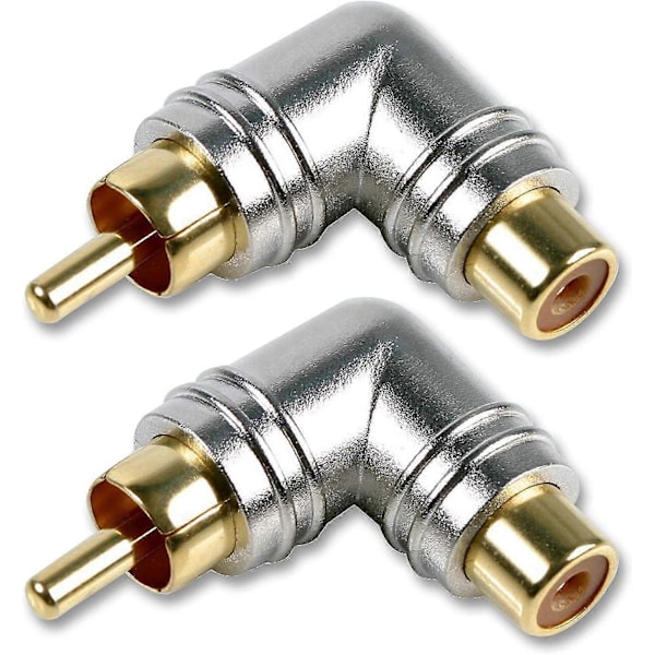 Par av 90 graders guldpläterade RCA-kontakter med armbågsform för vinkeländring av L+R stereo- eller AV-videokablar, hane till hona