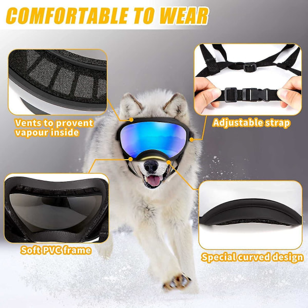 Hundebriller Hunde UV-beskyttelse Solbriller med justerbar stropp Hunder  Vindtette Anti-dugg utendørs kjæledyrbriller Black frame x blue glass 1298  | Black frame x blue glass | Fyndiq