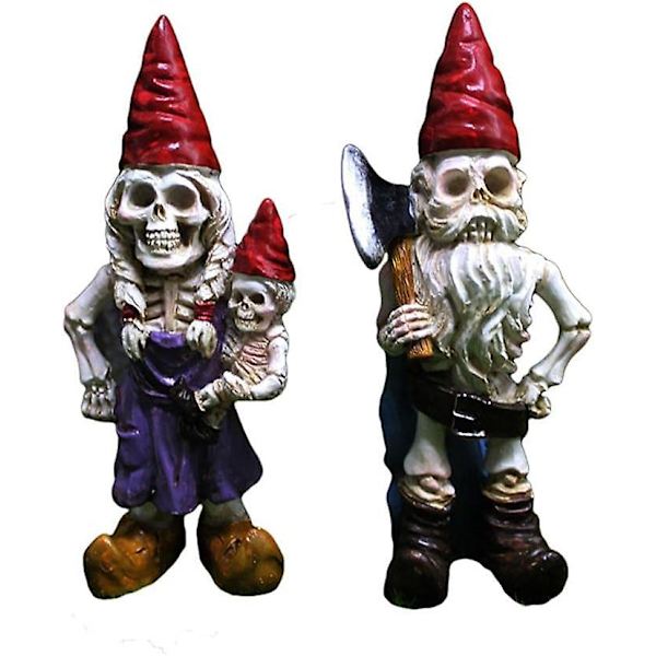 Puutarhatonttu kauhuluuranko kääpiöpariskunta Puutarhapatsas Perhe kääpiöveistos Halloween-tonttupään luuhahmo