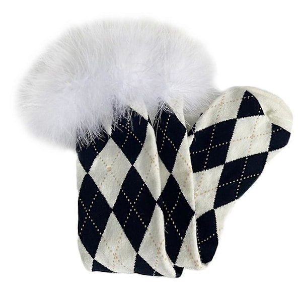 Dame Studerende Pelsagtig Fjer Trim Knæhøje Strømper College Stil Argyle Diamantternet Mønster Lolita Julestrømper