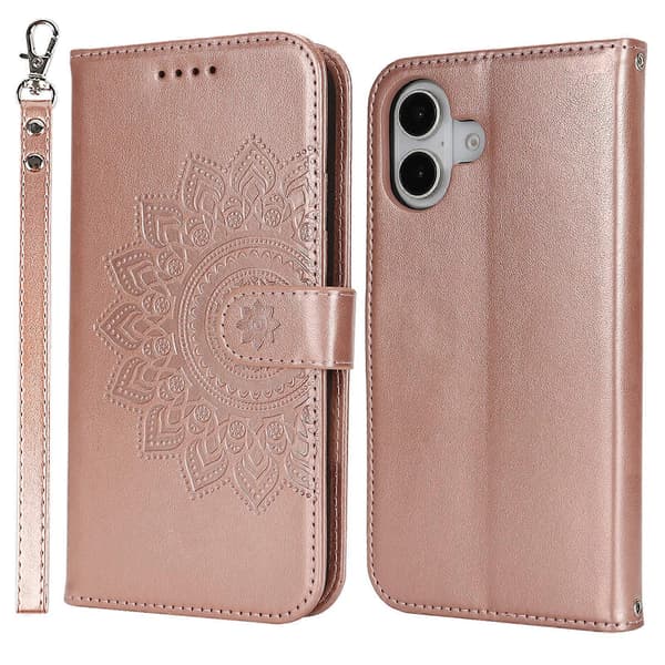Ställfodral för iPhone 16 Plus, texturerat läderplånboksfodral med rem, roséguld