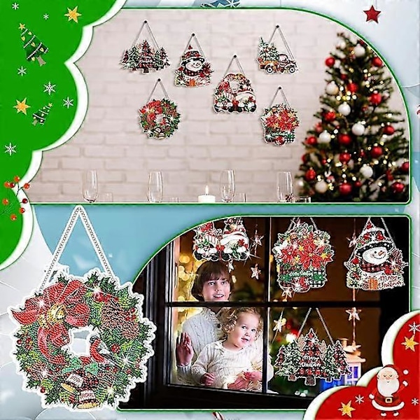 6 st Jul Diamantmålning Hängande Skylt Set 5D Tomte Snögubbe Diamantkonst Set för Vuxna DIY Konst Hänge Ornament Kit Akryl Julgran W