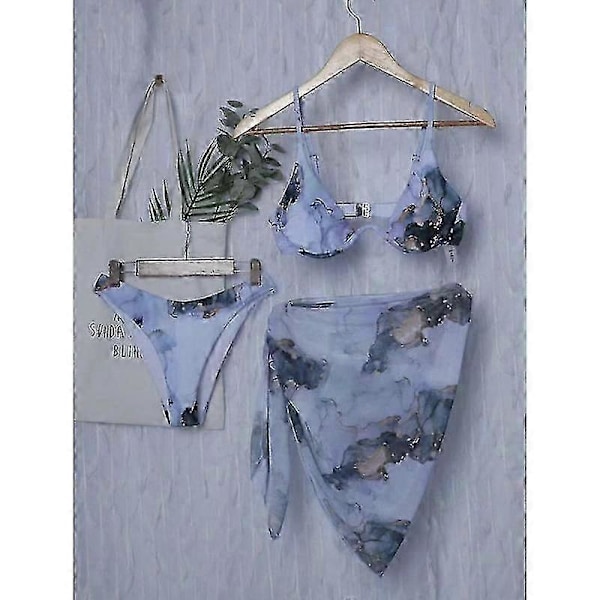 Dam 3-delad Baddräkt String Triangel Bikini Set Med Saronger Cover Up Strandkjol