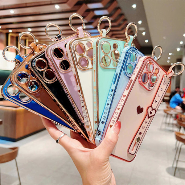 Sødt Etui til iPhone 15 Pro Max/ 15 Ultra, Sødt Kærlighedshjerte til Piger Kvinder Luksus Belægning Kant Kofanger Blødt TPU Stødsikkert Etui med Håndledsrem Stativ