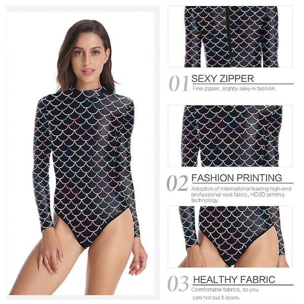 Dambaddräkt Fiskfjäll Print Långärmad Rash Guard Zipper Surfing Baddräkt S to M