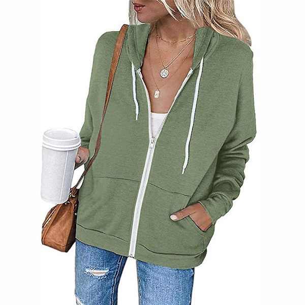 Kvinder Lynlås Hættejakke Langærmet Frakke Casual Toppe Green 2XL