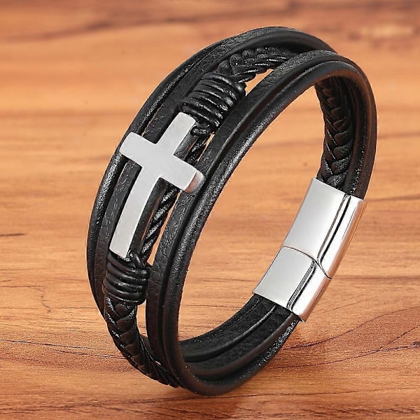Lyxigt Flerfärgat Korsdesign Klassiskt Armband för Män i Rostfritt Stål och PU-läder 7.48/8.27/9.06 tum Välj Snygga Julklappar, Farsdagspresent