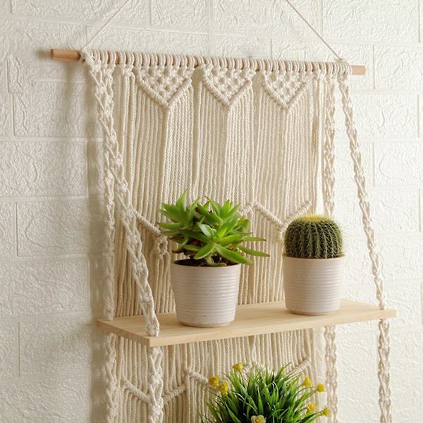 Makrame Væghængt Hylde Boho Træ Flydende Hylder Makrame Tapestry Rack