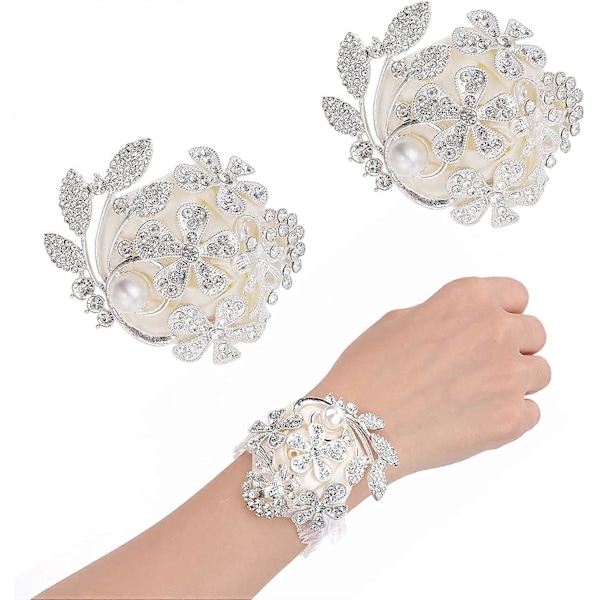 2 Stycken Brud Bröllop Handledsblomma Vit Strass Pärla Handledsblomma Corsage Ros Handledsblomma för Fest 7*6cm
