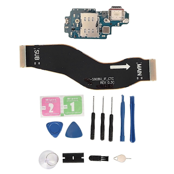 Laddport Ersättning för Galaxy S22 Ultra 5G S908B N EU Version PCB USB C Dock Connector Flexkabel Reparationsdel med Verktygssats