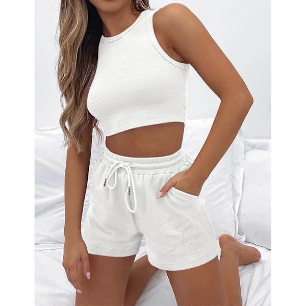 Dam 2-dels Outfits Lounge Matchande Set Tvådelad Stickad Crop Top och Shorts Trendiga Kläder Sommarsemester Träningsdräkt Vit XL