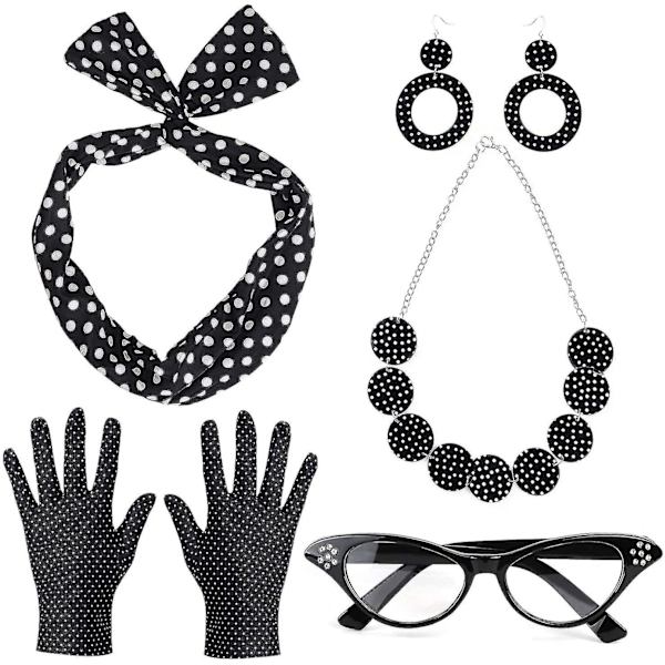 50-tals set för kvinnor Polka Dot Bandana Slips Pannband Örhängen Halsband Handskar Retro Cat Eye Glasögon (svarta)