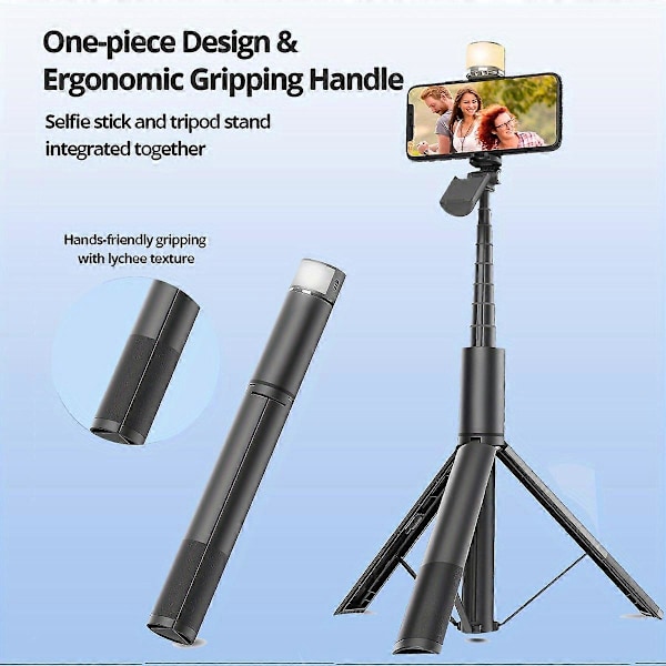 Bærbar Alt-i-Én Selfie Stick Telefon Tripod med Aftagelig Fjernbetjening og Video- og Billedoptagelse.