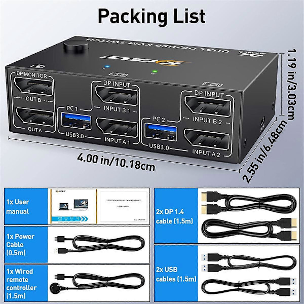 KVM-switch med dubbla DisplayPort-skärmar, 4 USB3.0 för 2 datorer, 2 in 2 ut DP 1.4 KVM-switch