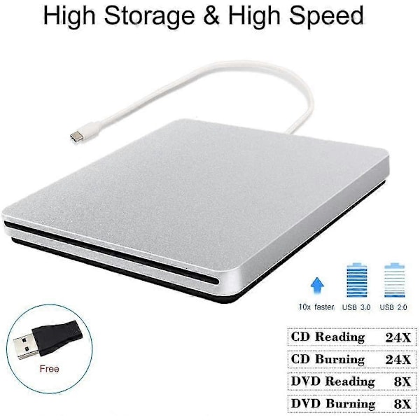Ekstern CD DVD-stasjon USB C CD DVD-brenner/skriver Slank bærbar slot-in CD DVD-leser for MacBook Pro/Air/Mac/Laptop/Windows10 (Sølv)