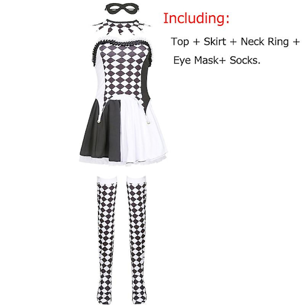 Flera Lady Circus Clown Kostym Galen stygg Harlequin Pennywise Rollspel Cosplay Carnival Halloween Fancy Party Dress Black XL