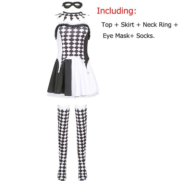 Moninkertainen Lady Sirkus Klovni -asu Hullu tuhma Harlequin Pennywise Roolipeli Cosplay Carnival Halloween Fancy Juhlamekko Black XL