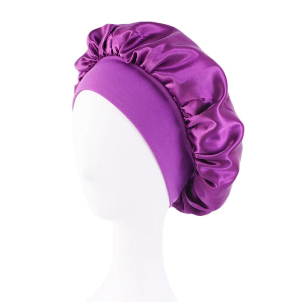 Ny sateng, solid bredbremmet sovehatt for kvinner Unisex-hodeinnpakning Elastisk båndhette Hårpleie Nattlue med panser Purple