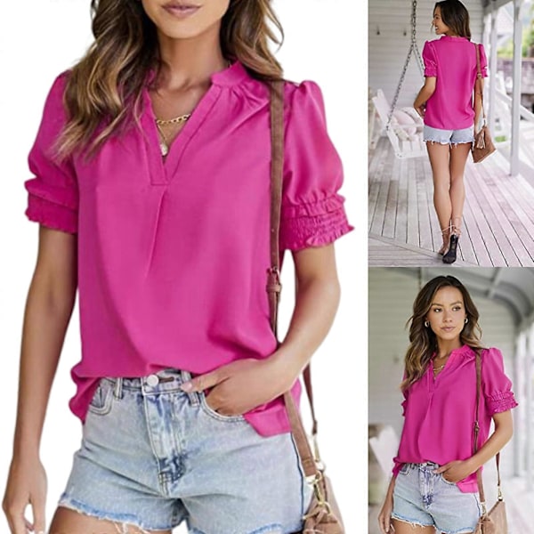 Dam Babydoll Blusar V-Ringade Tunikor Sommar Lös Puff Toppar Casual Lös Passform Volangärm Toppar Blusar T-shirt Toppar marinblå XL