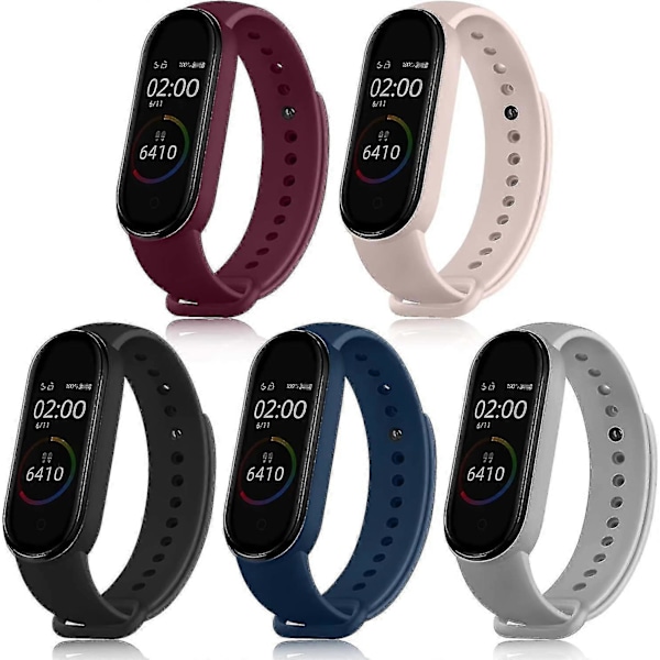 5-pack Sportarmband för Mi Band 4-armband & Mi Band 3-armband, mjuk silikon (svart/marinblå/grå/vinröd/rosa sand)