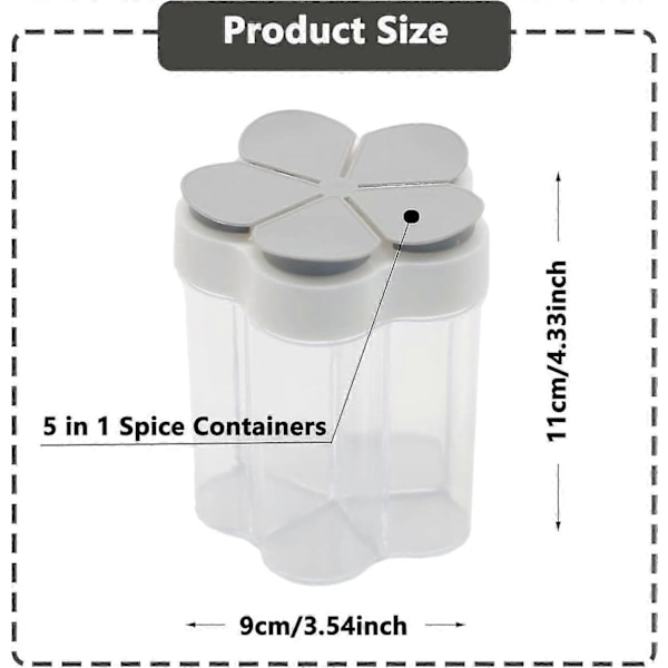 2 stk. 5-i-1 Krydderbeholdere, Multi-krydderdispenser, Bærbare Reisekrydderbeholdere, Salt Pepper Krydderstrøer Med Lokk & Etiketter Klar Co
