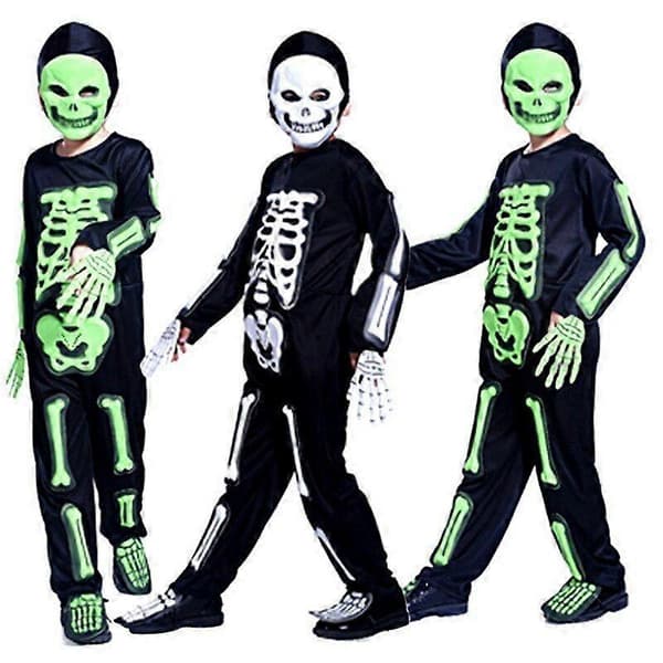 Halloween sort gyser selvlysende skeletkostume lejemorder maske heldragt til børn feriegave B M