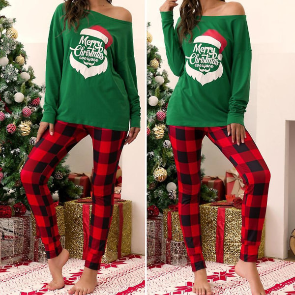 Julebokstavtrykk for kvinner Pyjamassett Juleoverdeler med lange ermer rutete bukser Pyjamas Hjemmeklær Green 3XL