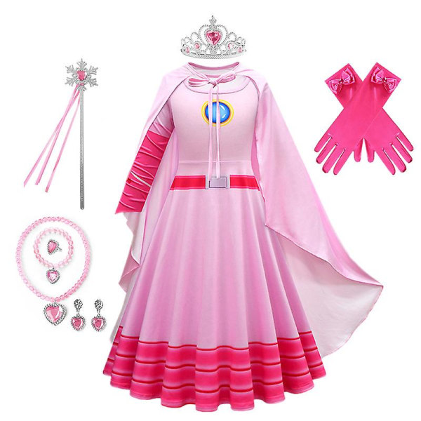 Peach Princess Cosplay Klänning Peruk Tjejspel Rollspel Kostym Födelsedagsfest Scen Uppträdande Outfits Barn Karneval Fina kläder dress-bag 150(9-10T)