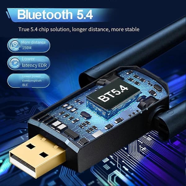 150 meter Bt5.4 Bluetooth-adapter, driverfri datamaskin USB Bluetooth lydhodesett mottaker/sender med antenne Black