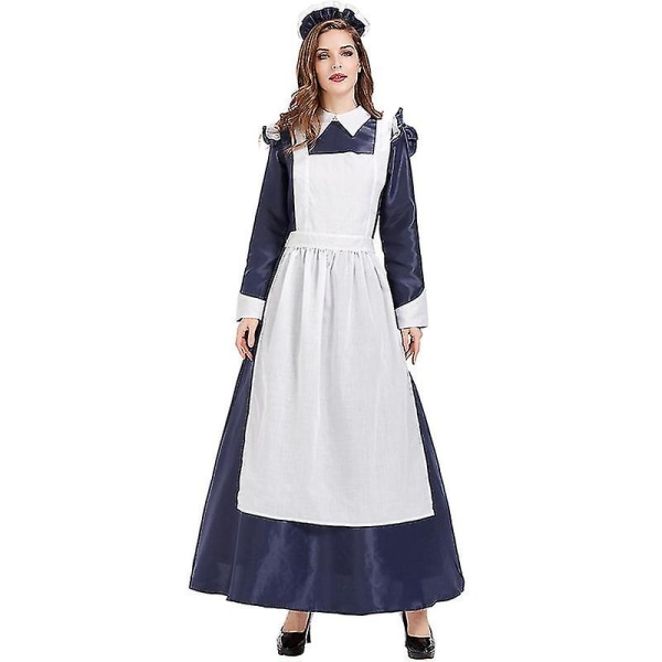 Mörkblå långärmad europeisk och amerikansk Retro Court Maid Dress Western House Maid Dress Tea Party Party Dress High Quality M