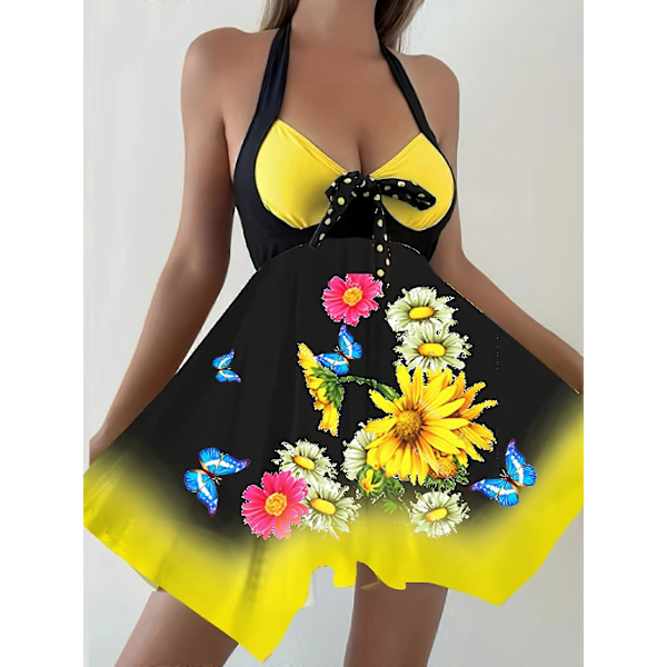 Nya modeller Vibrant Sunflower Print Tvådelad Tankini Set - Halterneck & Kjolkantade Underdelar - Mångsidiga Badkläder för Kvinnor