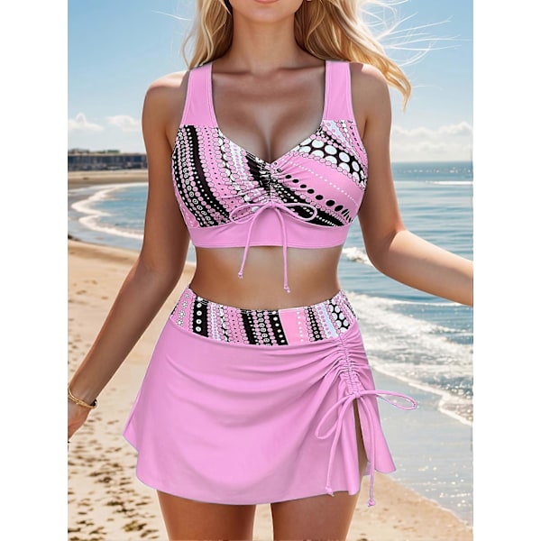 Nye modeller Chic Polka Dot Print 3-delt Tankini Badedragtsæt - V-hals med justerbar snøre, høj benskæring & flæse-cover-up nederdel - Perfekt Wo