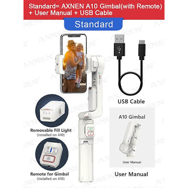 AXNEN A10 Gimbal Stabilisator Selfie Stick Tripod med Fyldlys Forlængerstang Trådløs Bluetooth til Android IPhone Smartphone