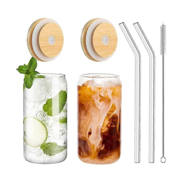 Dricksglas med Bambulock och 2-pack, 47 cl Burkformade Glasmuggar med Lock och Sugrör, Bi