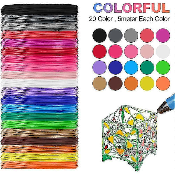 3D Pen Filament PLA Refills 20 Farver, 5 m pr. Farve Total 100 m 1.75mm Premium Filament til 3D Print Pen Medfølger