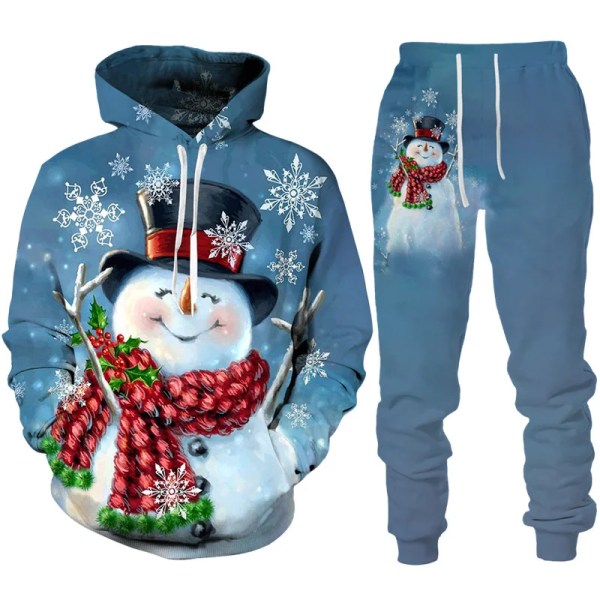 Julenissen 3D-utskrift Mann Kvinne Hettegenser + bukser 2stk sett Nyttårsferiefest Uformelt Oversized Pullover Joggedresssett style 1 160