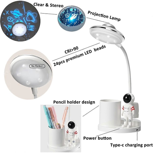 Bordlampe til teenagere Astronaut Bordlampe med projektionslys og penholder, LED-bordlampe til børn til læsning i soveværelset, Trinløs dæmpning Bordlampe Øjen-C