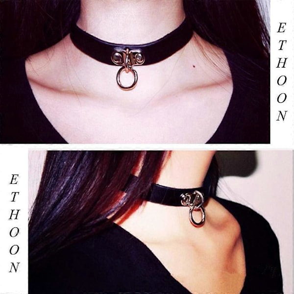 Justerbart Lær Choker Halsbånd Myk PU Sirkel Punk Choker Belte Halskjede for Kvinner Svart