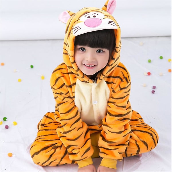 Unisex barn flanell Onesie Pyjamas, Cosplay djurdräkt One Piece Halloween nattkläder Nattkläder för pojkar flickor Tiger 3-4Years