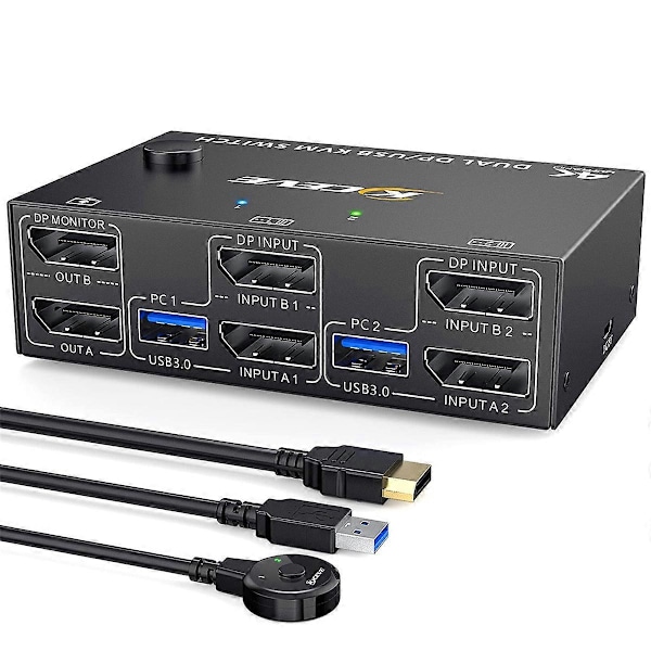 KVM-switch med dubbla DisplayPort-skärmar, 4 USB3.0 för 2 datorer, 2 in 2 ut DP 1.4 KVM-switch