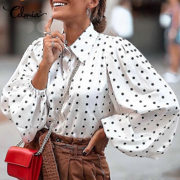 Oversized Damblusar Mode Höstfest Prickig Lång Lykta Ärm Slagskjorta Celmia Eleganta Toppar Kontor Lös Blusas