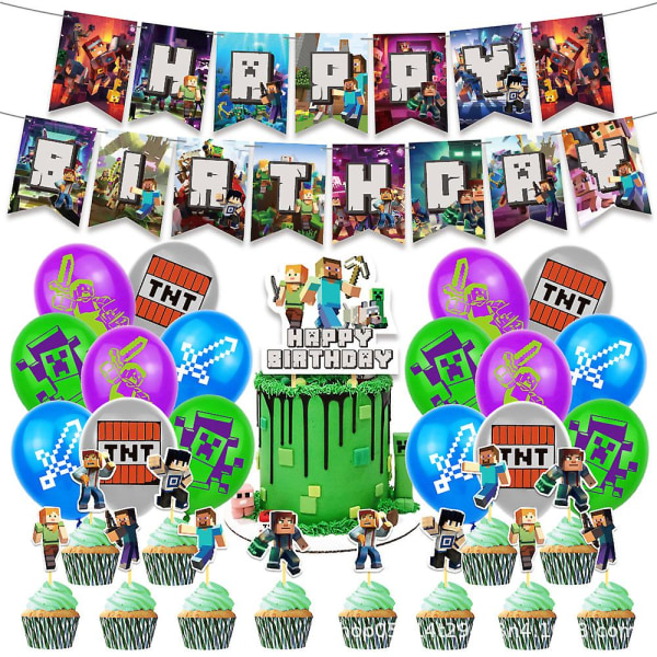 Minecraft tema dekoration Festartikler inkluderer banner balloner Cupcake Toppers Kage Topper sæt