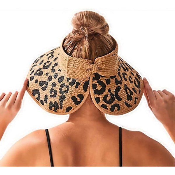 Solskydd för kvinnor med bred brätte, hopfällbar, packbar, med hästsvanshål, strandhatt, halm, leopardmönster, rullbar, med rosett